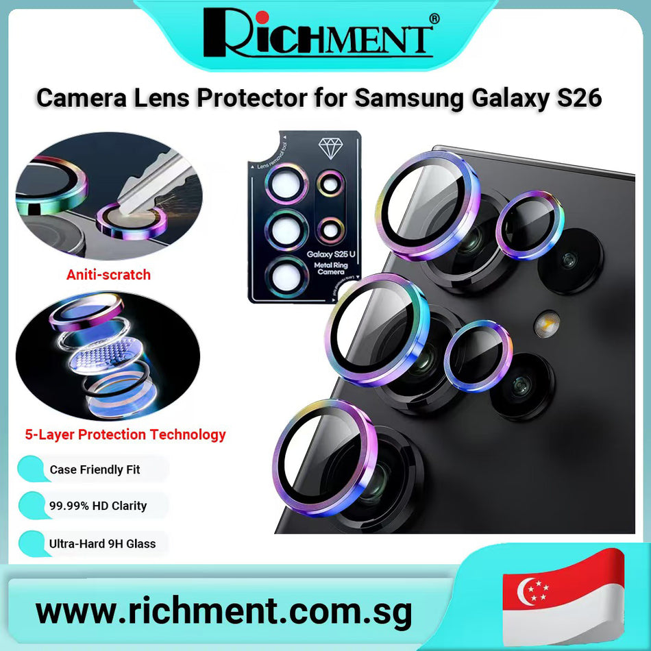 【✅SG Brand🔥】RICHMENT Metal CD Texture Camera Lens Protector for Samsung Galaxy S26/S26 Plus/ S26 Ultra– 9H Tempered Glass, Anti-Scratch, Waterproof, Anti-Fingerprint, Available in Black, Silver, Rose Pink, Blue, Gold, Colorful