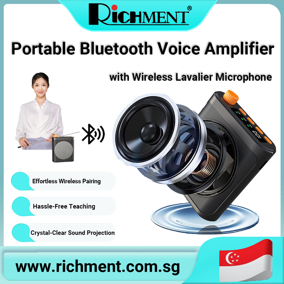 【✅SG Brand🔥】RICHMENT Portable Speaker System Bluetooth Voice Amplifier with Wireless Lavalier Microphone Personal Teacher Microphone Mini Dual Mics for Classroom/Yoga/Meetings/Speeches/Tours Teacher Must Have