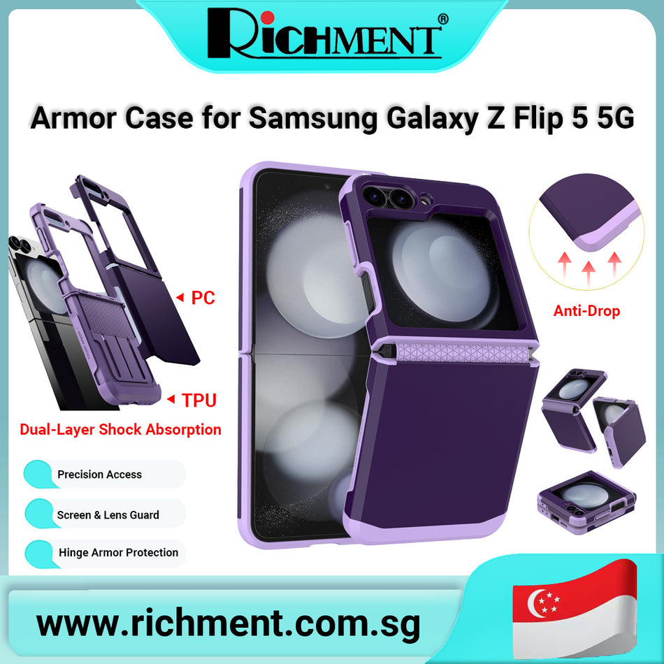 【✅SG Brand🔥】RICHMENT Ultra Protective Case for Samsung Galaxy Z Flip 5 5G – Heavy Duty Shockproof Hinge Cover, Dual-Layer Hard PC + Soft TPU Anti-Drop Bumper Phone Case with Raised Edges for Camera Protection (Multiple Colors)
