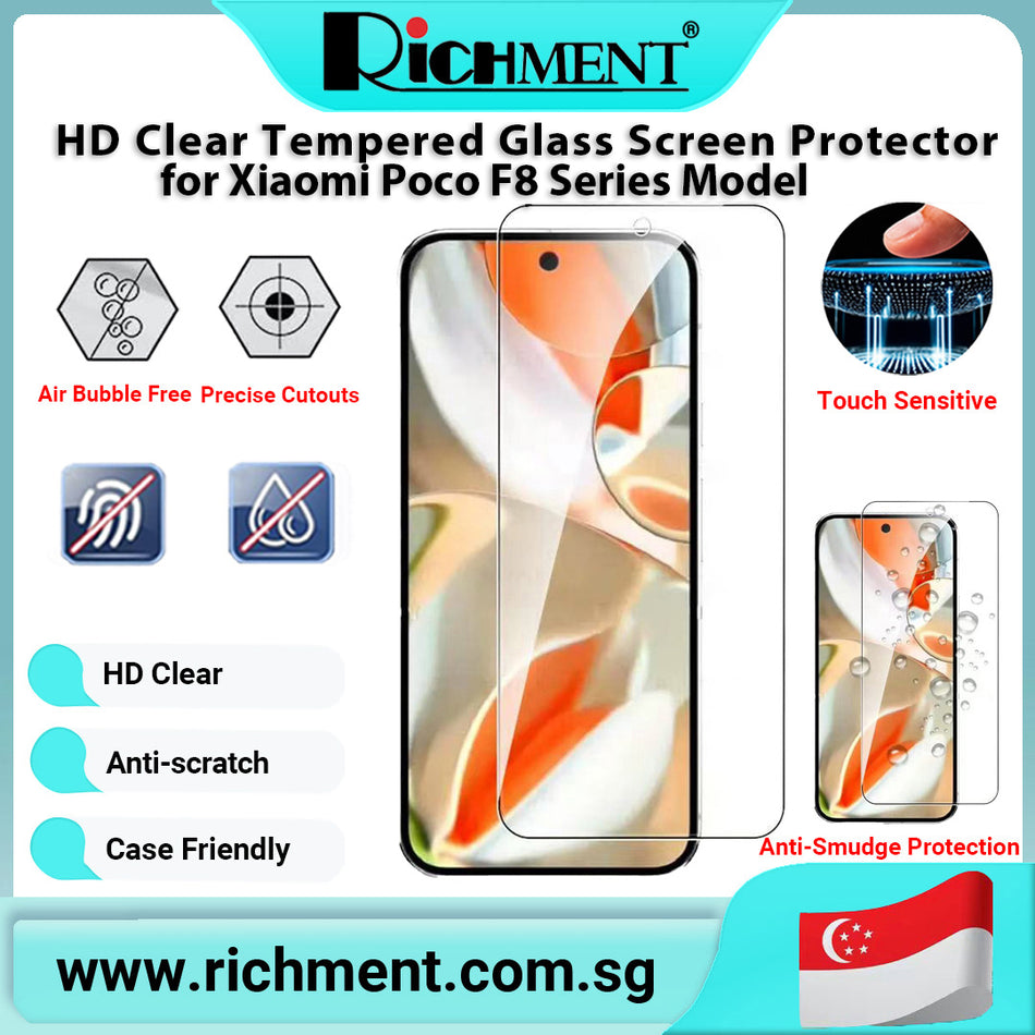 【✅SG Brand🔥】RICHMENT HD Clear,Tempered Glass Screen Protector for Xiaomi Poco F8 Pro/F8 Ultra, 9H Anti Scratch, Fingerprint Unlock, Full Coverage