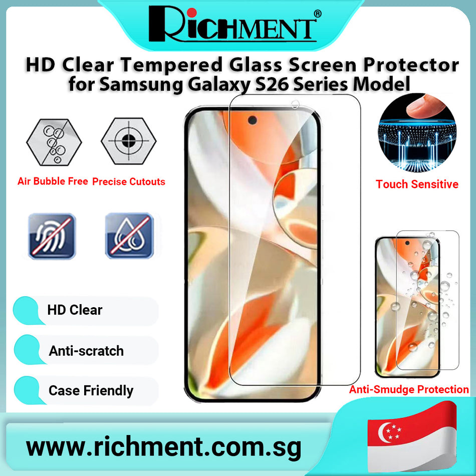 【✅SG Brand🔥】RICHMENT HD Clear,Tempered Glass Screen Protector for Samsung Galaxy S26 Ultra/S26 Plus/S26 with HD Black or HD Clear Camera Lens Protector, 9H Anti Scratch, Fingerprint Unlock, Full Coverage
