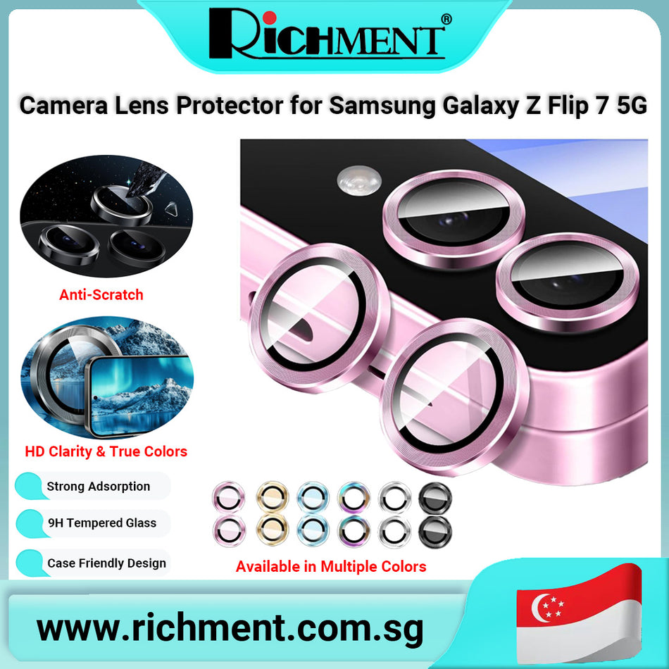 【✅SG Brand🔥】RICHMENT Metal CD Pattern Camera Lens Protector for Samsung Galaxy Z Flip 7 5G – Metal CD Texture Tempered Glass Ring – 9H Hardness, Anti-Scratch, HD Clarity, Case Friendly – Black/Silver/Rose Pink/Blue/Gold/Colorful