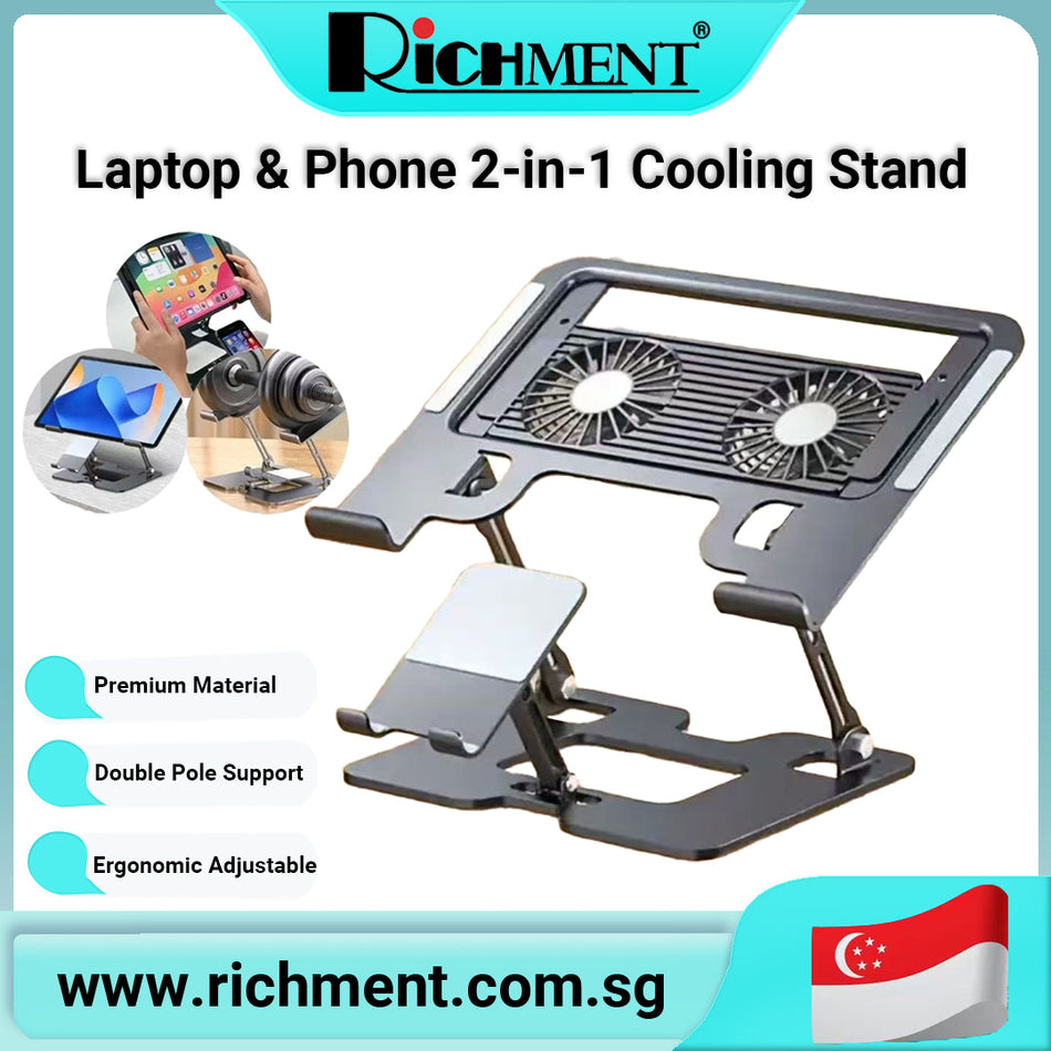 【✅SG Brand🔥】RICHMENT Adjustable Laptop & Mobile Phone 2-in-1 Stand with Dual Cooling Fans, Foldable Aluminum Alloy Notebook Holder, Ergonomic Height Adjustable Desktop Riser, Stable Anti-Slip Design for MacBook, iPad, Tablet and Smartphone