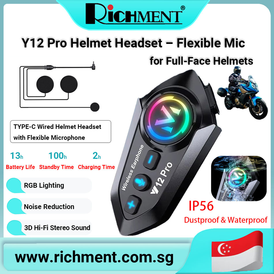 【✅SG Brand🔥】Y12 Pro Bluetooth Helmet Headset – Boom or Flexible Mic Options | IP56 Waterproof Wireless Intercom with Noise Reduction, Hi-Fi Stereo, RGB Light, Long-Range Communication | Fits Full-Face, Half-Face & Modular Helmets