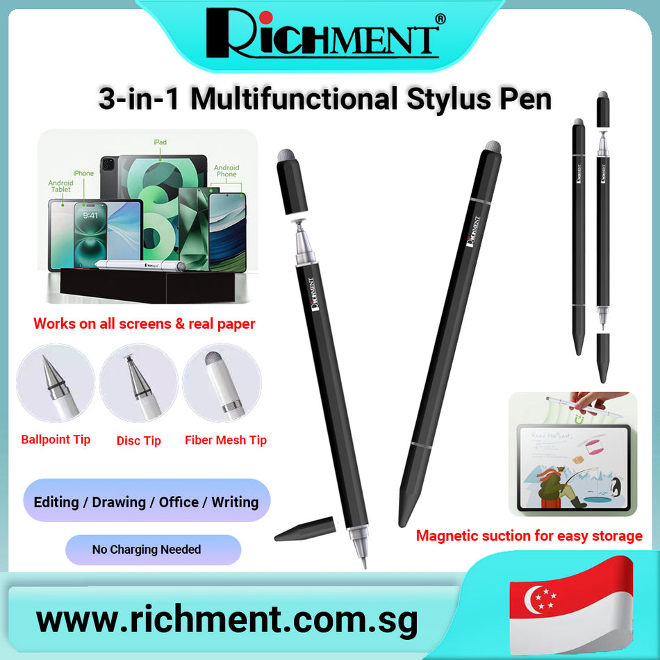 【✅SG Brand🔥】RICHMENT 3 in 1 Universal Stylus Pen with Magnetic Suction for iPad iPhone Android Tablets Phones and Real Paper, Touch Tip, Disc Tip, Ballpoint Pen, High Sensitivity for Writing, Drawing, Gaming, Reading and Study