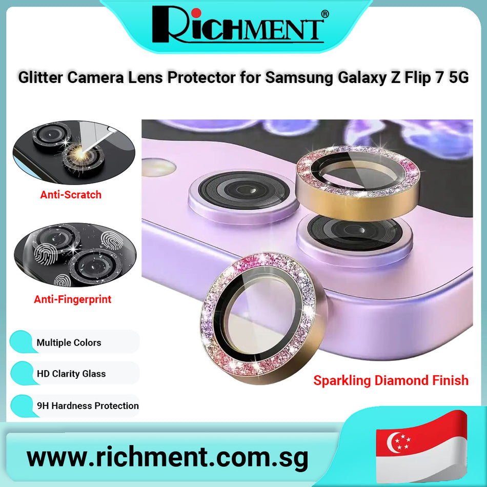 【✅SG Brand🔥】RICHMENT Glitter Camera Lens Protector for Samsung Galaxy Z Flip 7 – Diamond Tempered Glass Ring, 9H Scratch‑Resistant, HD Clarity, Waterproof, Oleophobic Anti-Fingerprint, Strong Magnetic Attachment
