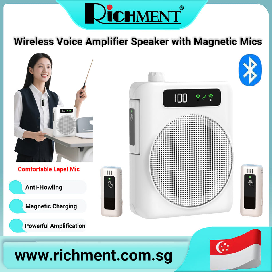 【✅SG Brand🔥】RICHMENT Voice Amplifier with Dual Wireless Lavalier Microphones, 2000mAh Rechargeable Speaker with Type-C Charging,Bluetooth 5.3/6.0, Clear Loud Sound for Teaching, Training, Tour Guide, Outdoor Use
