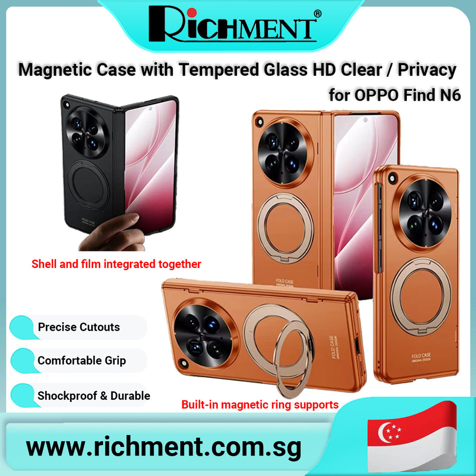 【✅SG Brand🔥】RICHMENT 360° Magnetic Rotating Ring Stand Case with Built-in Tempered Glass Screen Protector Support Magnetic Wireless Charging HD Clear / Privacy Anti-Spy Shockproof Full Lens Protection Phone Cover for OPPO Find N6