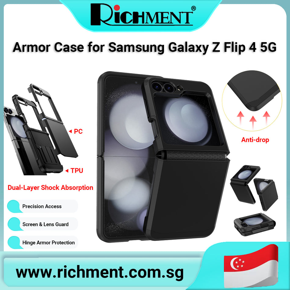 【✅SG Brand🔥】RICHMENT Ultra Protective Case for Samsung Galaxy Z Flip 4 5G – Heavy Duty Shockproof Hinge Cover, Dual-Layer Hard PC + Soft TPU Anti-Drop Bumper Phone Case with Raised Edges for Camera Protection (Multiple Colors)