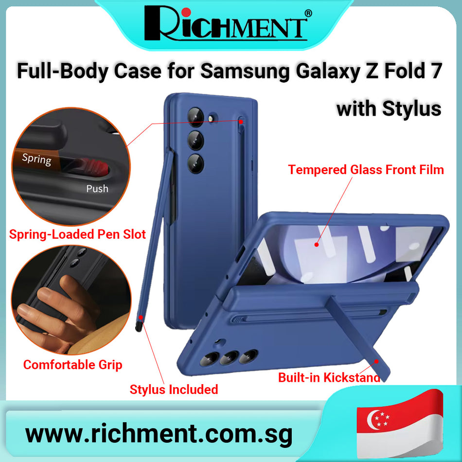 【✅SG Brand🔥】RICHMENT Full-Body Case for Samsung Galaxy Z Fold7 with Stylus – Built-in S Pen Slot, Tempered Glass Film, Kickstand, Hinge Protection | Ideal for Note-Takers, Professionals & Creatives