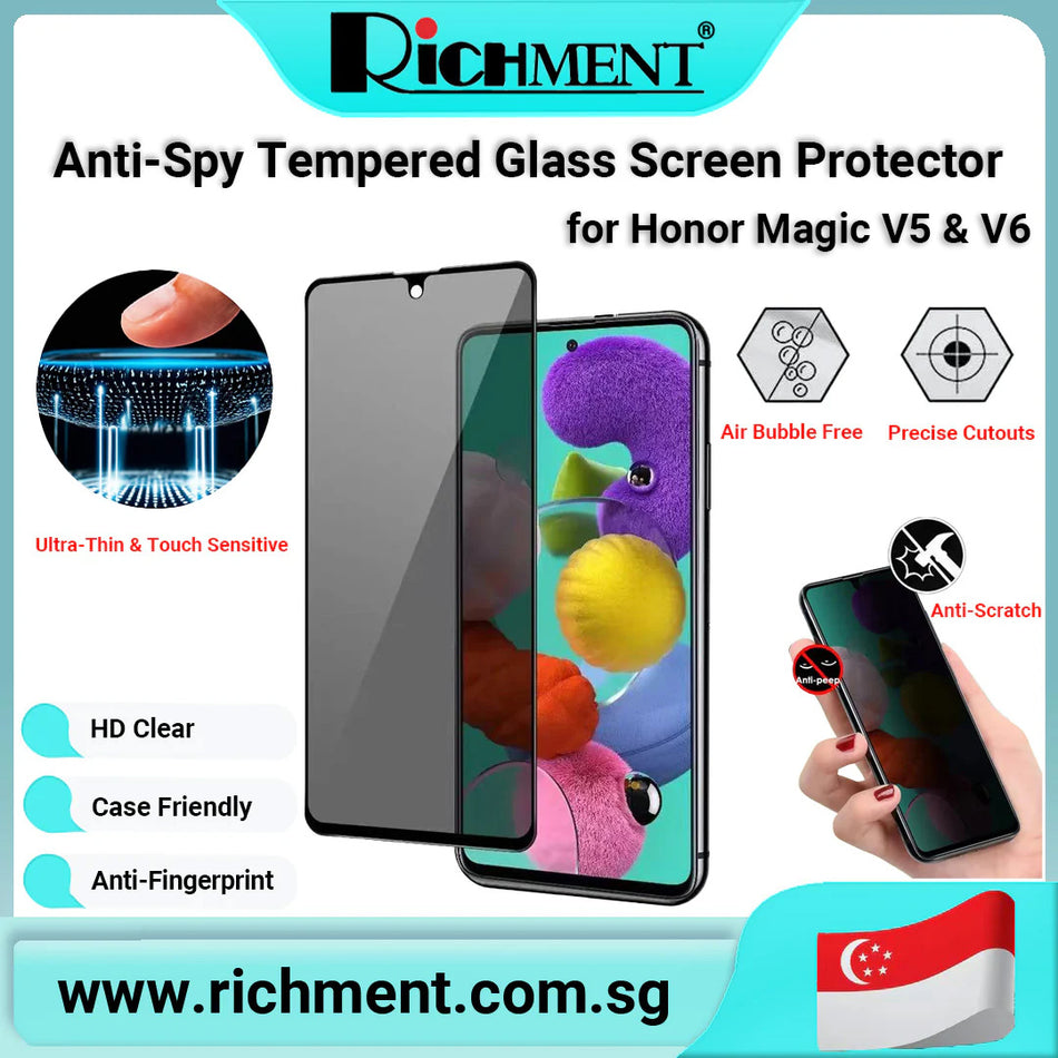 【✅SG Brand🔥】RICHMENT Privacy Tempered Glass Screen Protector for HONOR Magic V5/V6 – 9H Hardness, Anti-Spy, Shatterproof, HD Clear, Case Friendly