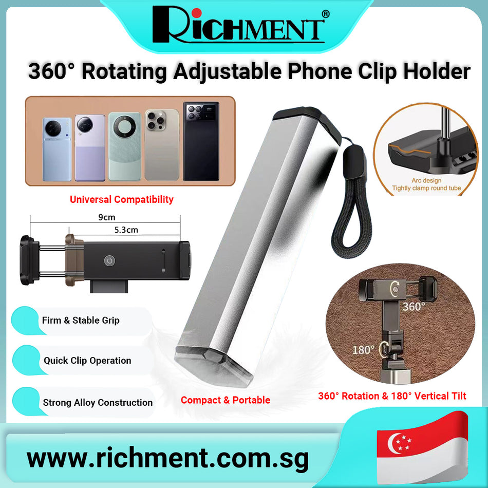 【✅SG Brand🔥】RICHMENT 360° Rotating Adjustable Phone Clip Holder, Foldable Aluminum Alloy Clamp Mount with Multi-Angle Rotation, Bottom Groove Design, Universal Fit for iPhone & Android, Portable Travel Stand for Desk, Car, Shelf, or Bed Use
