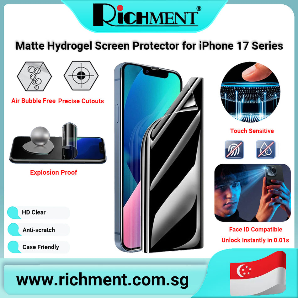 【✅SG Brand🔥】RICHMENT Privacy Matte Hydrogel Film for iPhone Series iPhone 17 / 16 / 15 / 14 / 13 / 12 / 11 / X / XS / 7 / 8 / SE 2020 / SE 2022 – Anti-Spy Screen Protector, Auto Repair, Explosion Proof, Anti-Fingerprint