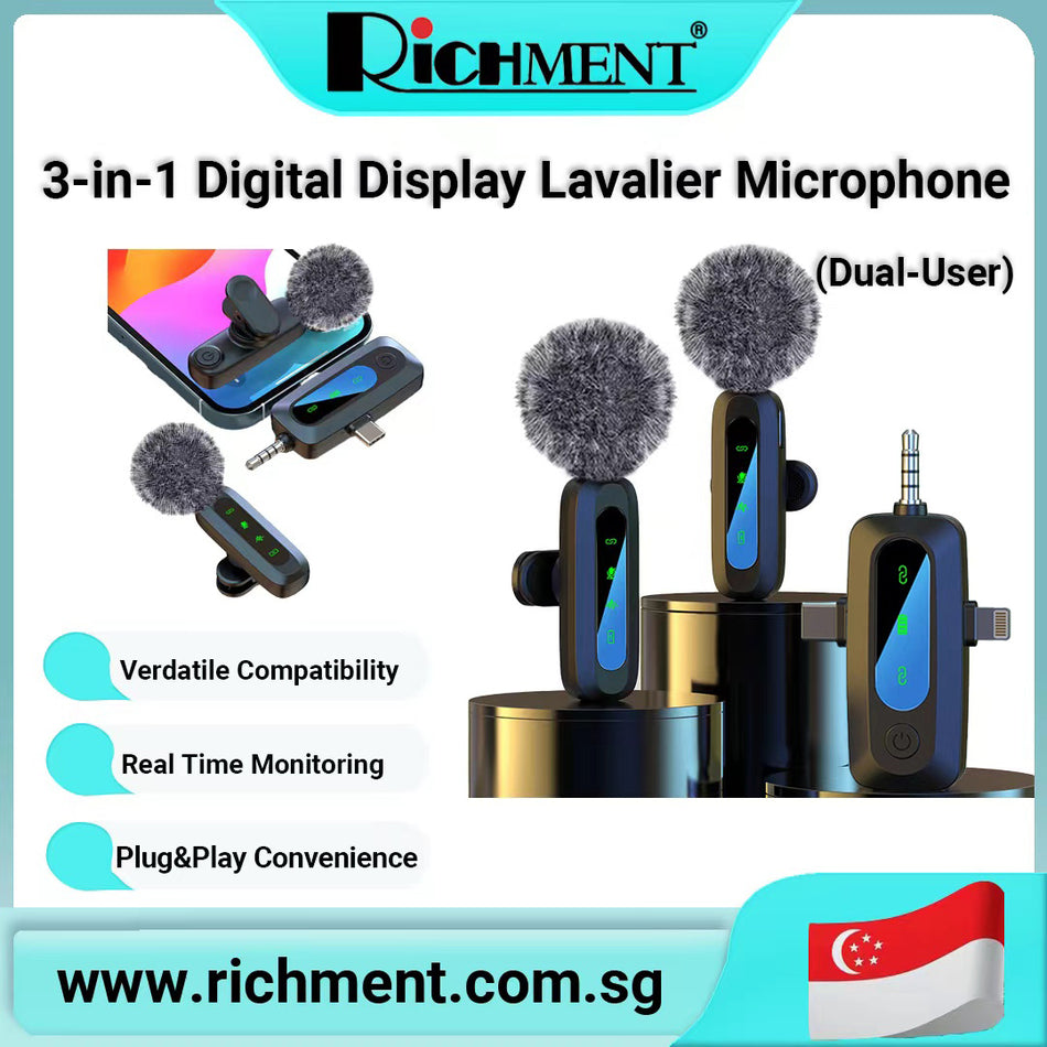 【✅SG Brand🔥】RICHMENT 3-in-1 Wireless Lavalier Microphone with Digital Display &  Furry Windshield for iPhone/Android/Camera, Noise Cancelling, Plug & Play, for Vlogging, Live Streaming, Recording