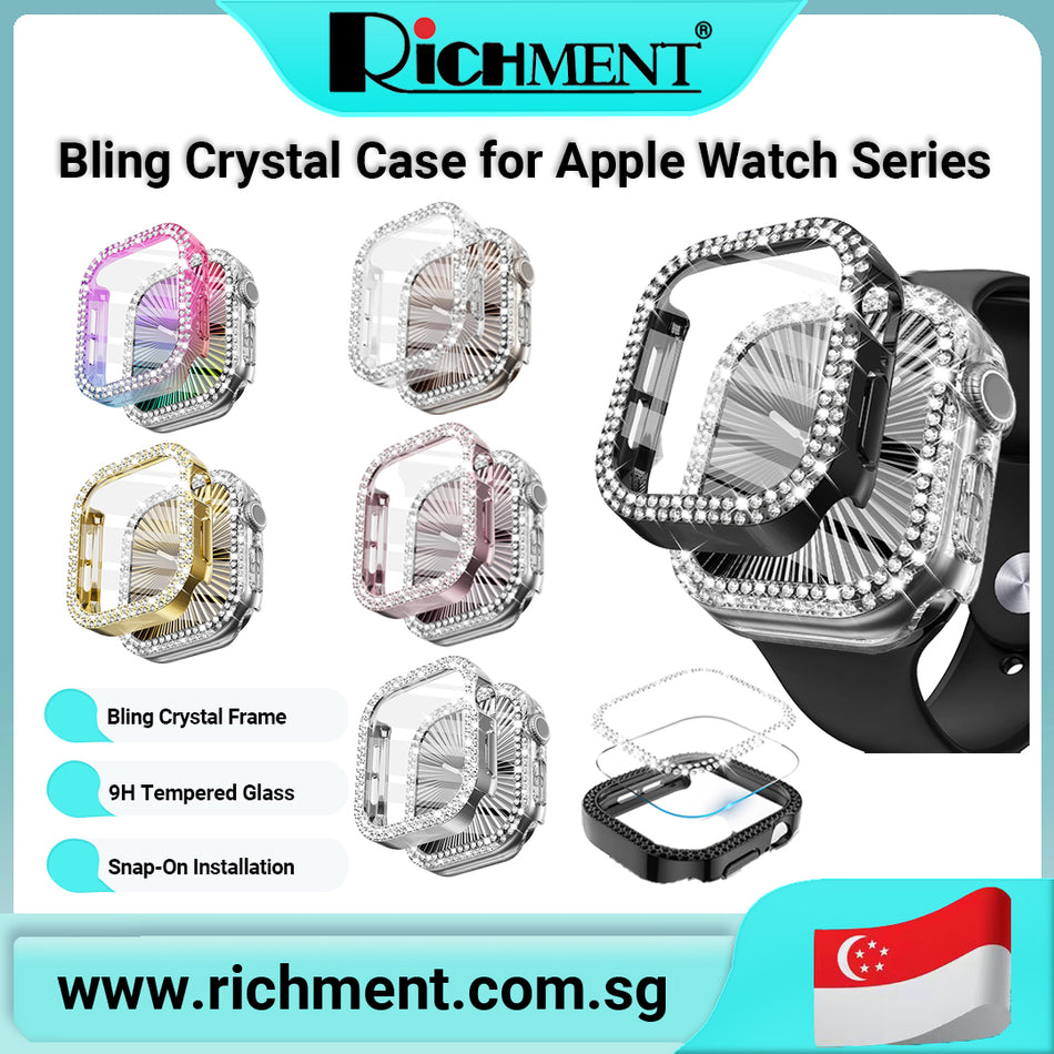 【✅SG Brand🔥】RICHMENT Bling Crystal Case for iWatch Series 10 – 42mm/46mm | Luxury Sparkle PC Bumper + 9H Tempered Glass Screen Protector |🎁 Perfect Gift for Birthday & Christmas