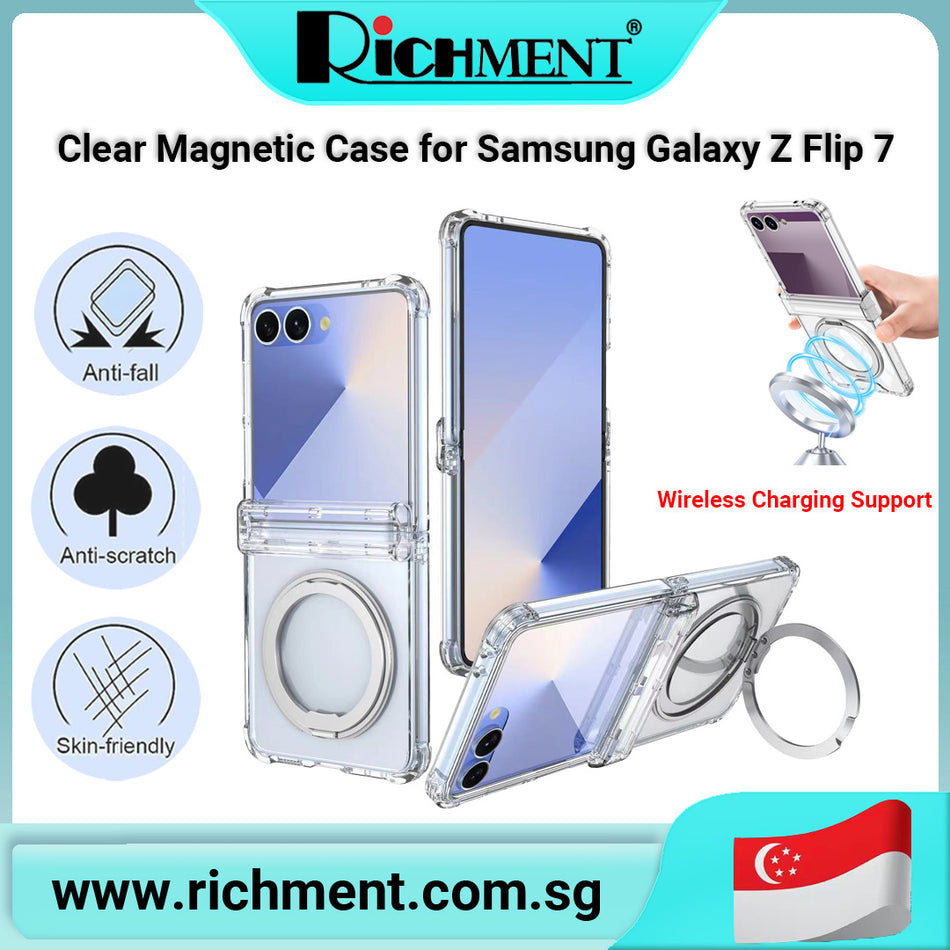 【✅SG Brand🔥】Clear Magnetic Case for Samsung Galaxy Z Flip 7 – Transparent Soft TPU Shockproof Cover with Full Hinge Protection, 360° Rotating Kickstand Stand, Wireless Charging Compatible, Air Cushion Anti-Fall Corners, Car Mount Support