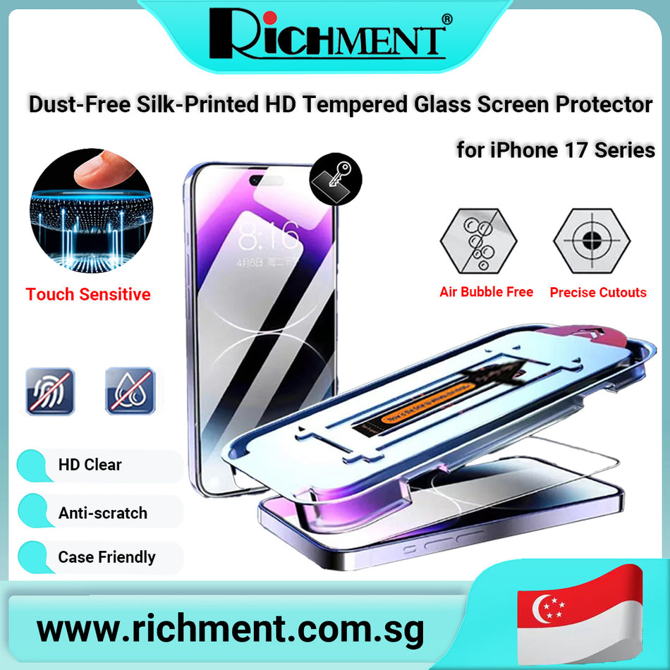 【✅SG Brand🔥】RICHMENT Dust-Free Silk-Printed HD Tempered Glass Screen Protector for iPhone 17 / 17 Plus / 17 Pro / 17 Pro Max – 9H Hardness, Anti-Scratch, Bubble-Free, Auto-Alignment, Anti-Fingerprint, Case Friendly, High Sensitivity, Full Coverage