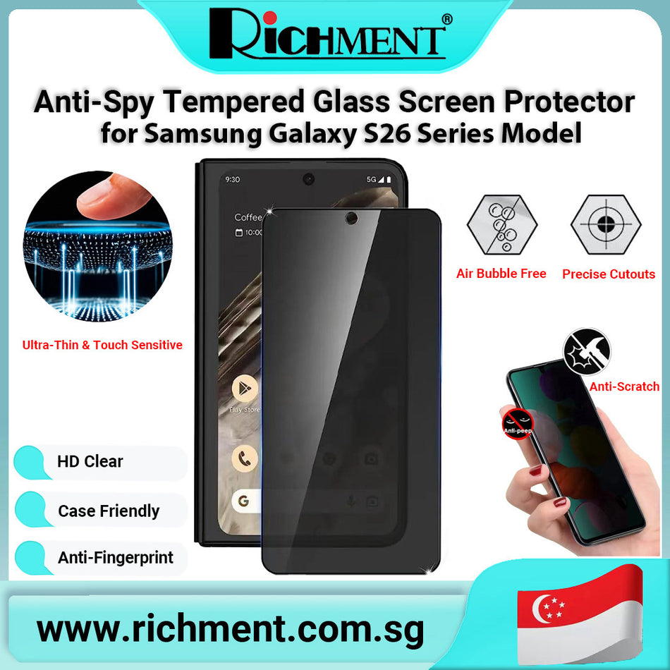 【✅SG Brand🔥】RICHMENT Anti-Peep Tempered Glass Screen Protector for Samsung galaxy S26/S26 PLUS/S26 Ultra- Shatterproof, 24-Hour Self-Healing, HD Clarity, Anti-Fingerprint, Full Coverage Design, Bubble-Free Application