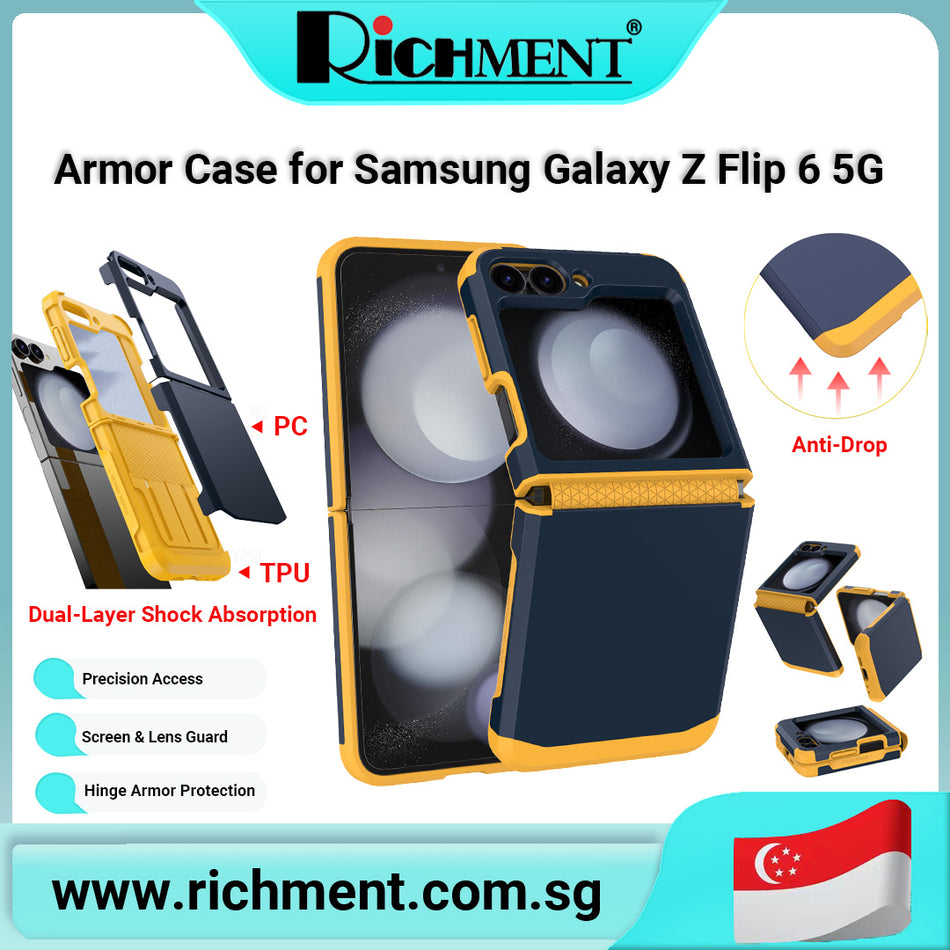 【✅SG Brand🔥】RICHMENT Ultra Protective Case for Samsung Galaxy Z Flip 6 5G – Heavy Duty Shockproof Hinge Cover, Dual-Layer Hard PC + Soft TPU Anti-Drop Bumper Phone Case with Raised Edges for Camera Protection (Multiple Colors)