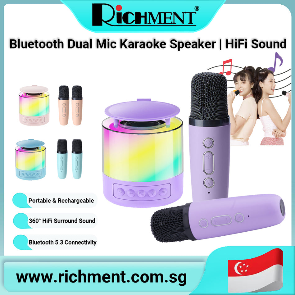 【✅SG Brand🔥】RICHMENT 🎤 Wireless Karaoke Speaker with Dual Mics & Voice Effects 🎶 | 360° HiFi Sound + Deep Bass | RGB Party Lights + Noise Reduction | Bluetooth 5.3 Speaker for Singing, Teaching & Home Use | 🎁 Perfect Gift for Music Lovers & Kids