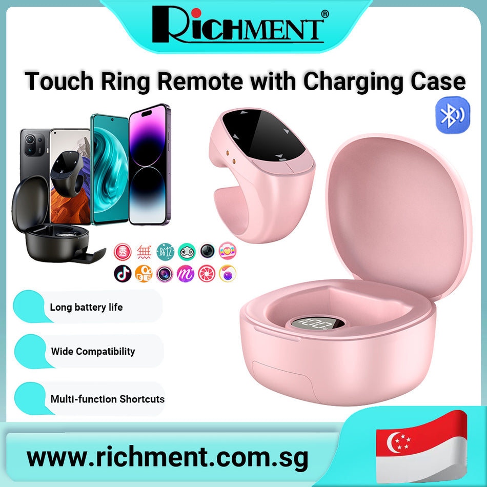 【✅SG Brand🔥】RICHMENT Bluetooth 5.3 Smart Touch Ring Remote Control with Charging Case, Multi-Function Page Turner and Mouse Controller for Short Video, E-Book, Selfie, Music, and Camera – 10m Range, Hidden Stand, Long Battery Life