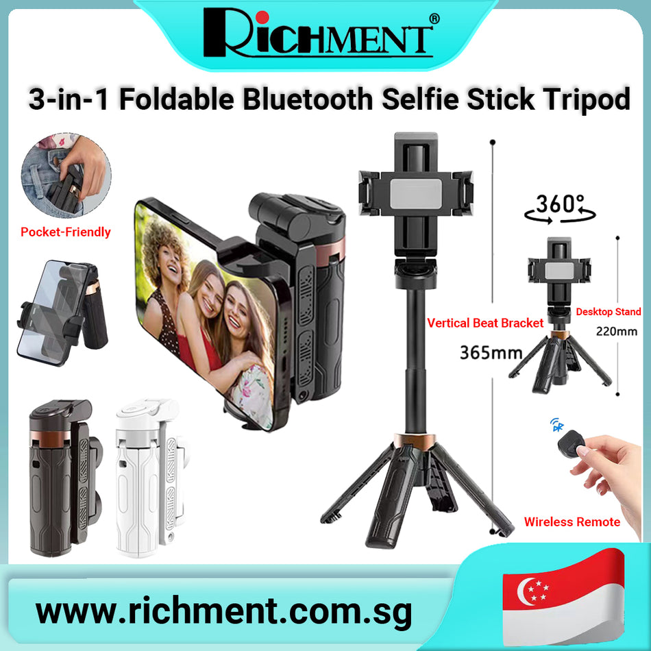 【✅SG Brand🔥】RICHMENT 📸 5-in-1 Mini Tripod Selfie Stick with Bluetooth Remote 🎮 | 360° Rotating Phone Holder & 225° Tilt | Foldable Pocket Size | Extendable Stand for iPhone, Android, Live Streaming & Video | 🎁 Perfect Gift for Travel & Vlogging