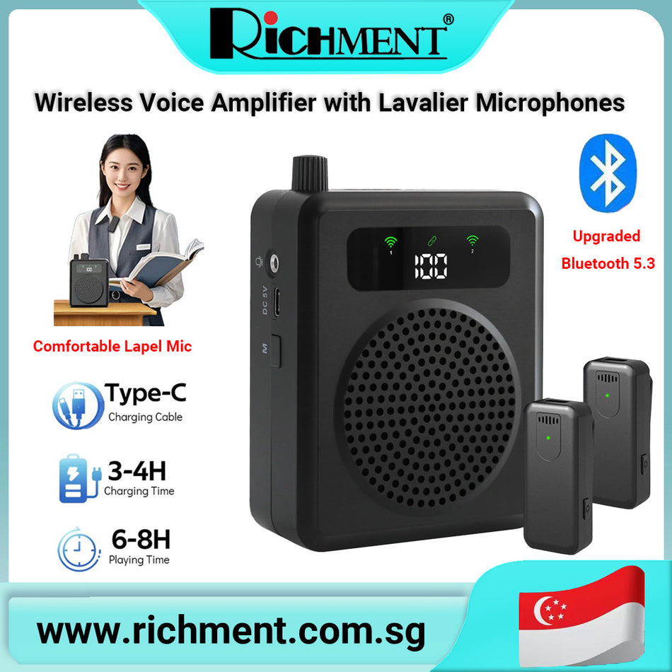 【✅SG Brand🔥】RICHMENT Portable Bluetooth 5.3 Voice Amplifier with Dual Wireless Lavalier Microphones, 2000mAh Rechargeable Battery, Clear 10W Sound, Long Range Stable Transmission, Lightweight Speaker for Teaching,Training,Tour Guiding,Yoga and Promotion