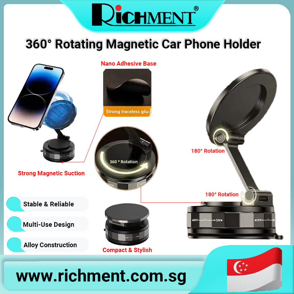 【✅SG Brand🔥】RICHMENT 360° Rotating Magnetic Car Phone Holder, Three-Axis Foldable Dashboard Mount with Strong Circular Magnetic Suction, Nano Adhesive Base, Universal for iPhone & Android, Stable Anti-Shake Design, Multi-Scenario Use