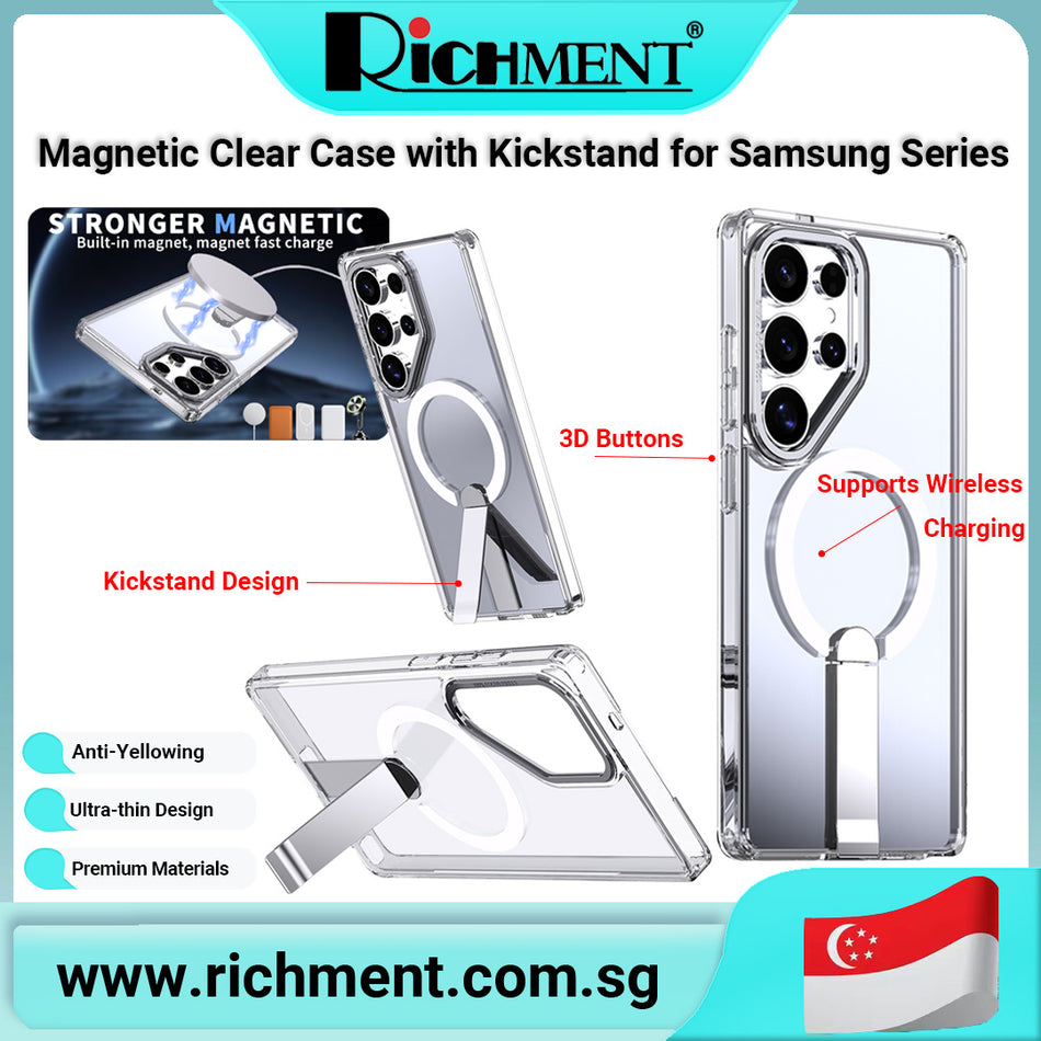 【✅SG Brand🔥】RICHMENT Magnetic Clear Phone Case with Kickstand for Samsung Galaxy S24 Ultra / S23 Ultra – Shockproof TPU+PC Hybrid Slim Cover, Strong Magnetic Wireless Charging Compatible, Military Grade Drop Protection, Raised Edge Camera Lens Guard