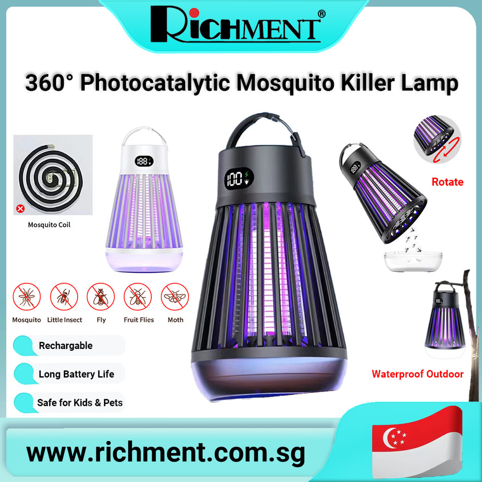 【✅SG Brand🔥】RICHMENT Rechargeable 360° Photocatalytic Mosquito Killer Lamp – 2000V Electric Shock Insect Trap with LED Light, Indoor & Outdoor Use, IPX5 Waterproof, Child-Safe Design
