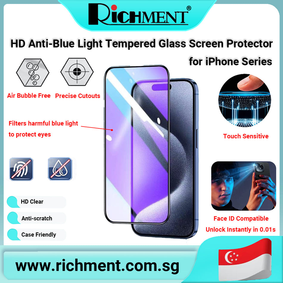 【✅SG Brand🔥】RICHMENT 9D Anti Blue Light Tempered Glass Screen Protector for iPhone 17 / 17 Air / 17 Pro / 17 Pro Max – Edge-to-Edge Full Coverage, Eye Protection, Face ID Compatible, Anti-Fingerprint, Scratch Resistant, Case Friendly HD Tempered Film