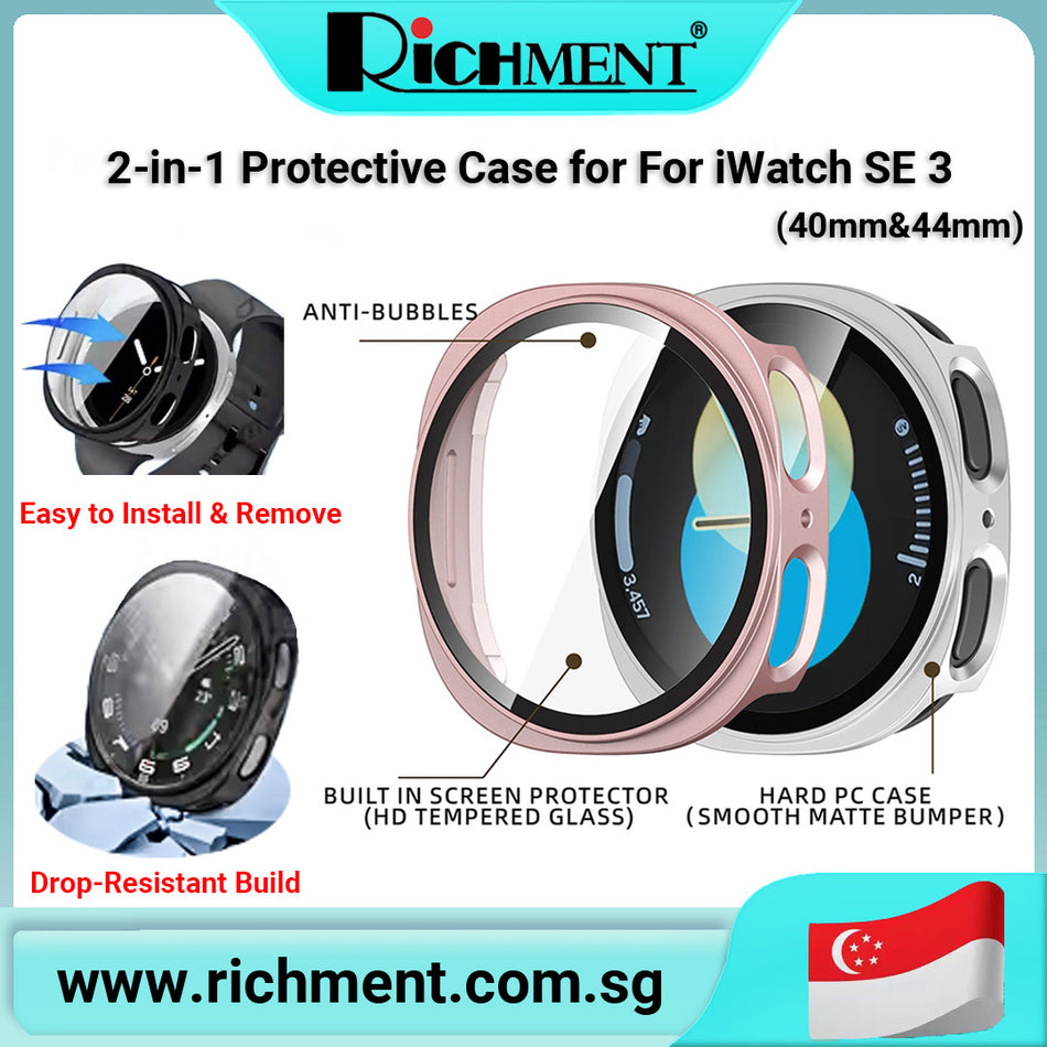 【✅SG Brand🔥】RICHMENT All-in-One Protective Case with Tempered Glass for iWatch SE 3 40mm / 44mm – Full Coverage Anti-Drop Bumper Shell, HD Touch Screen, Easy Install