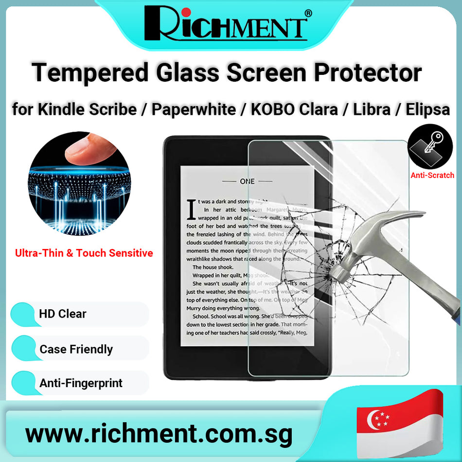 【✅SG Brand🔥】RICHMENT Tempered Glass Screen Protector for Kindle Scribe 10.2, Paperwhite 4 / 2, Signature Edition, KOBO Clara 2E / BW / Colour, Libra 2 / Libra Colour 7.0, Elipsa 2E – HD Clear, 9H Hardness, Anti-Scratch, Touch Responsive