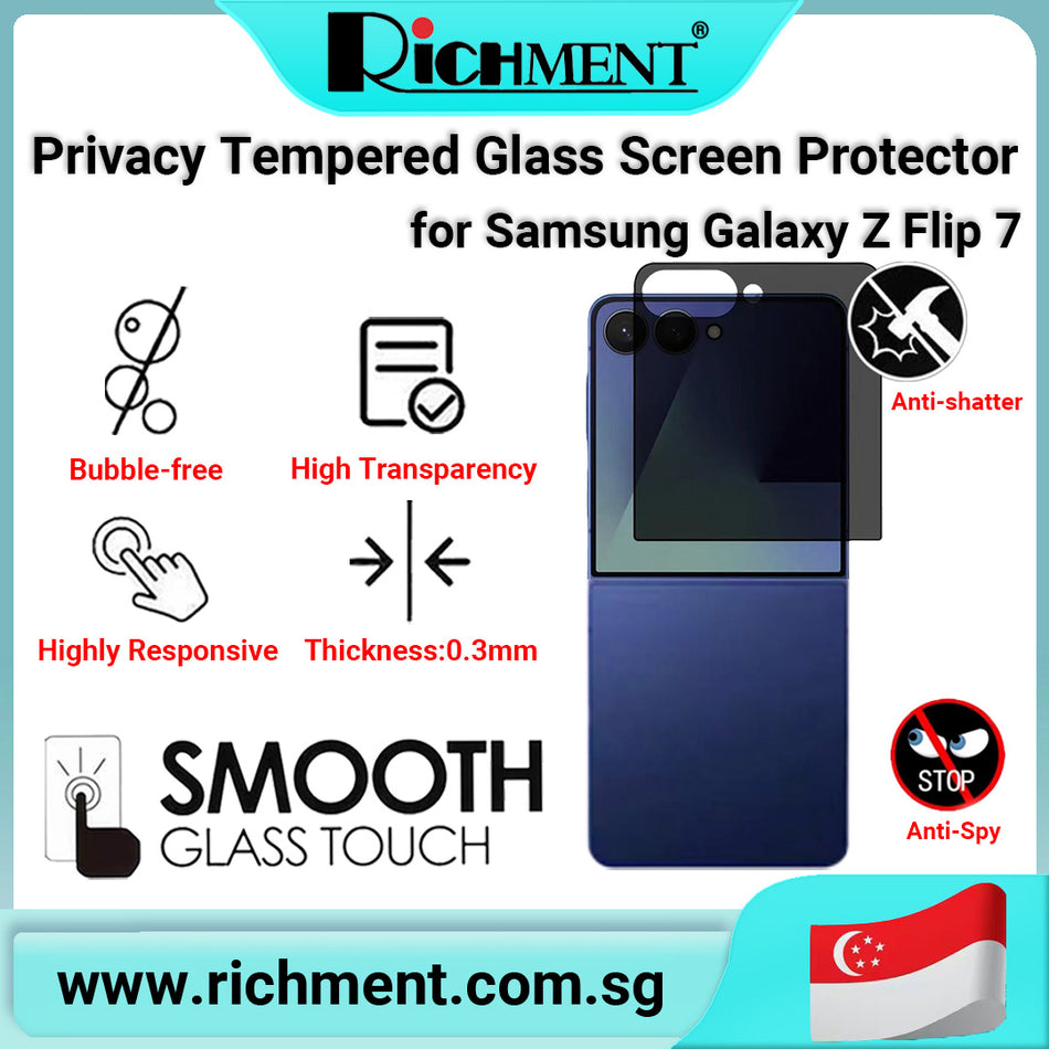 【✅SG Brand🔥】RICHMENT Privacy Screen Protector for Samsung Galaxy Z Flip 7 – 9H Tempered Glass, Anti-Spy, Shatterproof, Anti-Fingerprint, Case Friendly