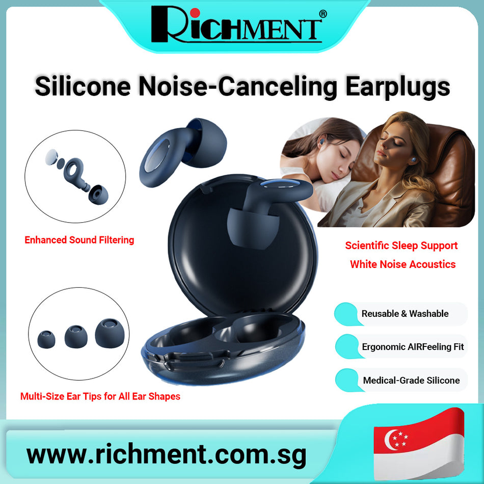 【✅SG Brand🔥】RICHMENT Silicone Noise Cancelling Earplugs for Sleeping – 48dB Sound Reduction, Reusable & Washable, Soft Comfort Fit for Side Sleepers, Study, Travel – Includes Storage Case