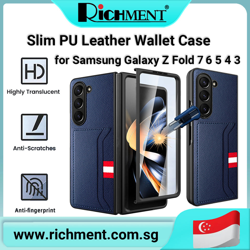 【✅SG Brand🔥】RICHMENT PU Leather Wallet Case for Samsung Galaxy Z Fold 7 5G / Z Fold 6 / Z Fold 5 / Z Fold 4 / Z Fold 3 – Slim Magnetic Cover with Card Holder & Free HD Tempered Glass Screen Protector – A Perfect Gift for Fold Series Users