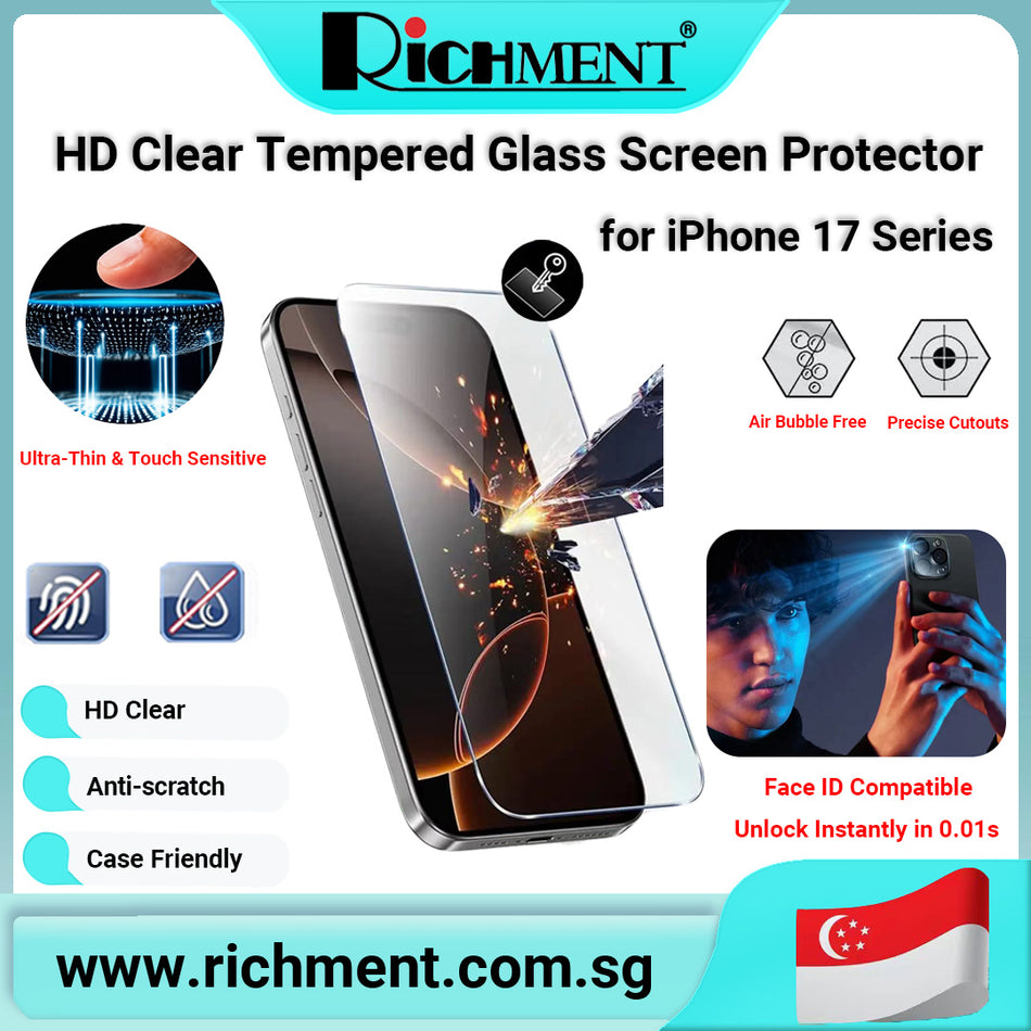 【✅SG Brand🔥】RICHMENT Silk-Printed HD Tempered Glass Screen Protector for iPhone 17 / 17 Plus / 17 Pro / 17 Pro Max – 9H Hardness, Ultra-Clear, Anti-Scratch, Anti-Fingerprint, Bubble-Free, Case Friendly, Smooth Touch, Full Coverage