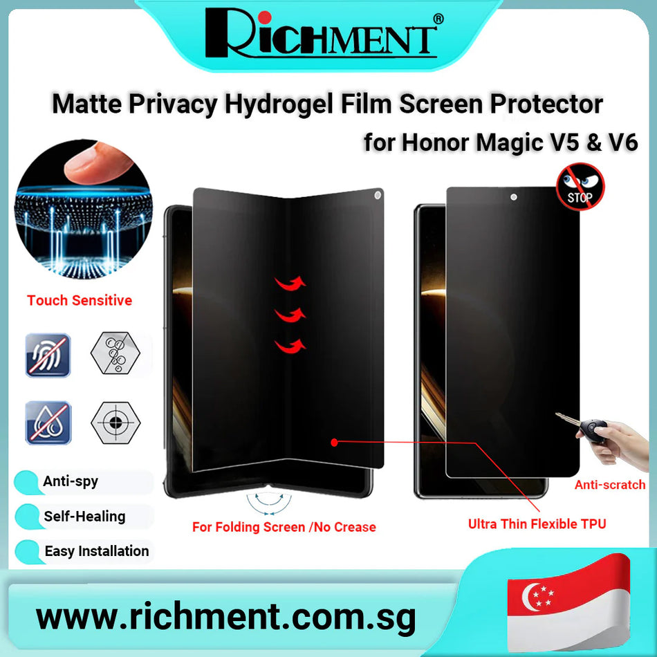 【✅SG Brand🔥】RICHMENT Matte Privacy Hydrogel Screen Protector for Honor Magic V5/V6 – Anti-Spy Screen Guard with Anti-Glare Finish, Self-Healing Flexible Film, Full Coverage, Anti-Scratch, Ultra-Thin, Case-Friendly