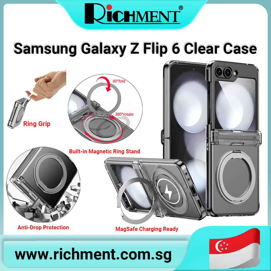 【✅SG Brand🔥】RICHMENT Samsung Galaxy Z Flip 6 Clear Case with Magnetic Kickstand Ring – Transparent Shockproof Hinge Protection Cover, MagSafe Compatible