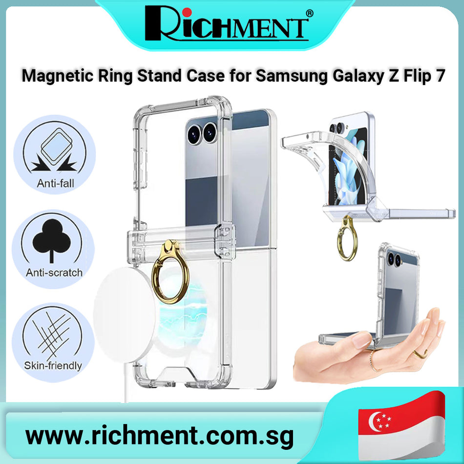 【✅SG Brand🔥】RICHMENT Transparent Magnetic Ring Case for Samsung Galaxy Z Flip 7 – Hybrid TPU + PC Cover with 360° Rotating Kickstand, Hinge Protection & Wireless Charging Support - A Smart Gift for Galaxy Z Flip User