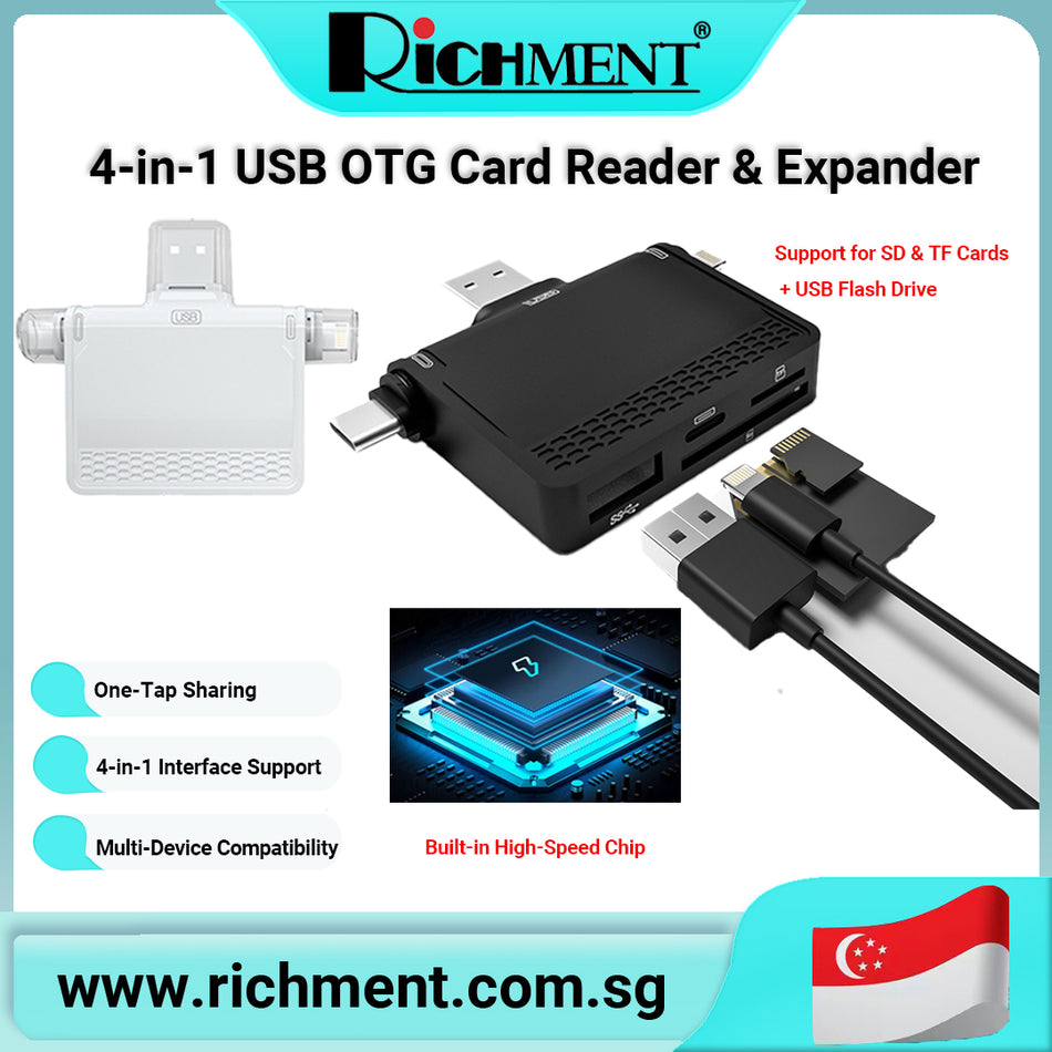 【✅SG Brand🔥】RICHMENT 4-in-1 USB OTG Card Reader & Expander – Lightning / Type-C / Micro USB / USB Adapter for Phone, Tablet, Computer – Plug & Play, High-Speed Transfer |🎁 Perfect Gift for Birthday & Christmas