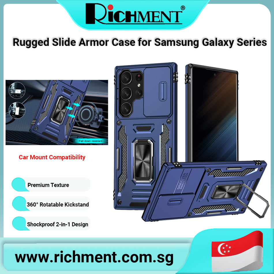 【✅SG Brand🔥】RICHMENT 🛡️【Rugged Slide Armor Case】for Samsung  galaxy S25/S24/S23/S22 Ultra/Plus/5G – Full Body Protection + Kickstand + Car Mount Support