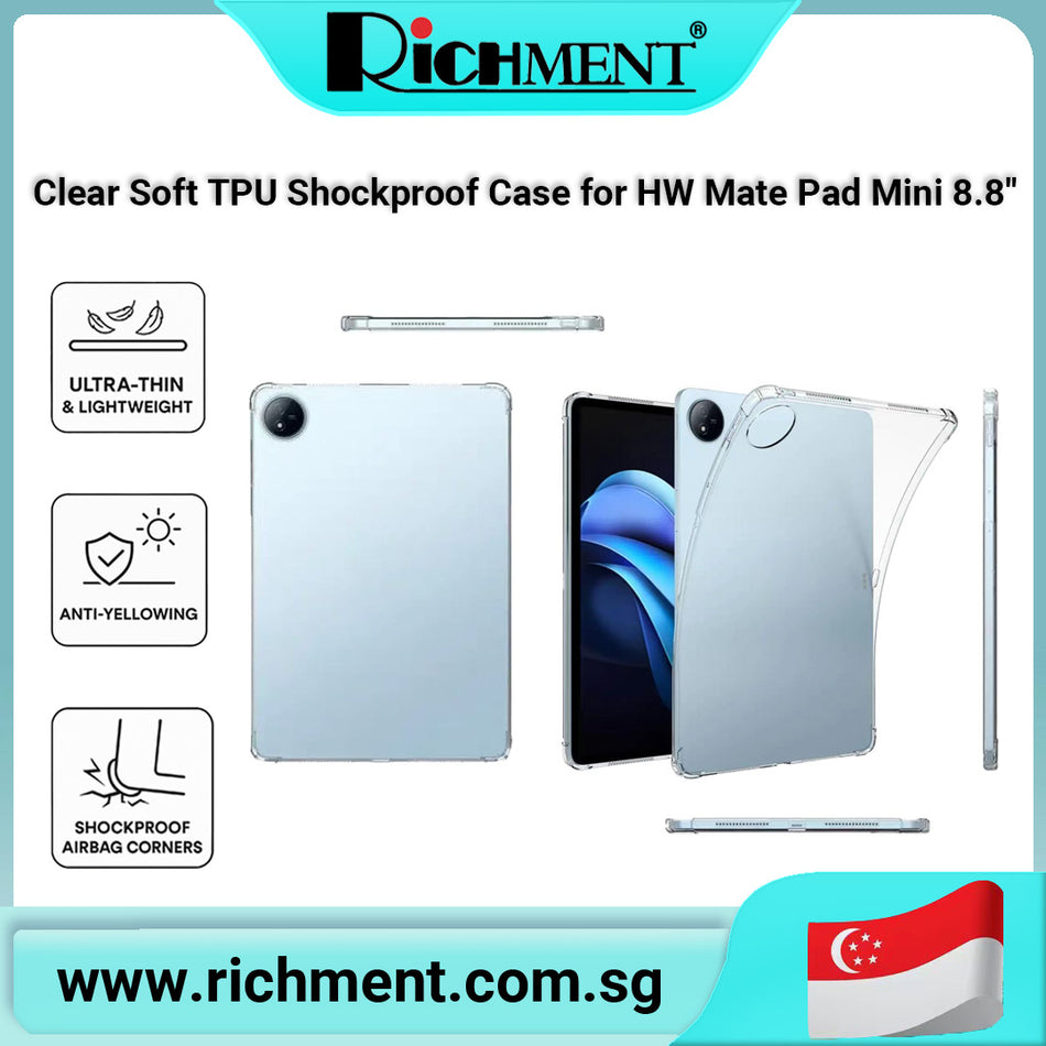 【✅SG Brand🔥】RICHMENT Clear Soft TPU Shockproof Airbag Case for Huawei MatePad Mini 8.8", Ultra-Thin Lightweight Transparent Protective Cover with Anti-Yellowing, Raised Edges, Drop Protection, Precise Cutouts