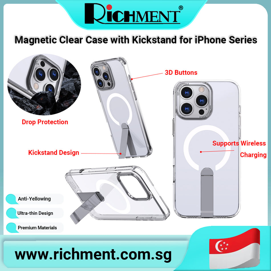 【✅SG Brand🔥】RICHMENT Magnetic Clear Phone Case with Kickstand for iPhone 17 Series – Shockproof TPU+PC Hybrid Slim Cover, Strong Magnetic Wireless Charging Compatible, Military Grade Drop Protection, Raised Edge Camera Lens Guard