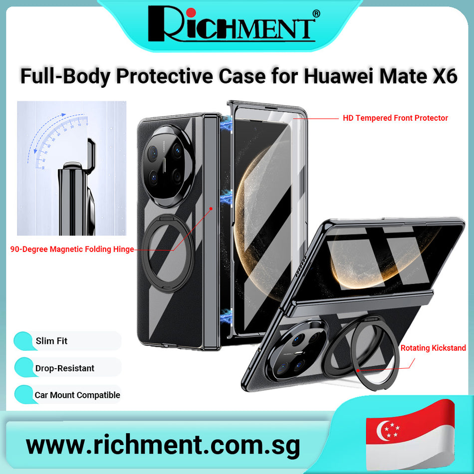 【✅SG Brand🔥】RICHMENT Full-Body Protective Case for Huawei Mate X6 with Built-in HD Screen Protector – Magnetic Folding Hinge, 360° Kickstand, Shockproof Slim Cover, Car Mount Compatible
