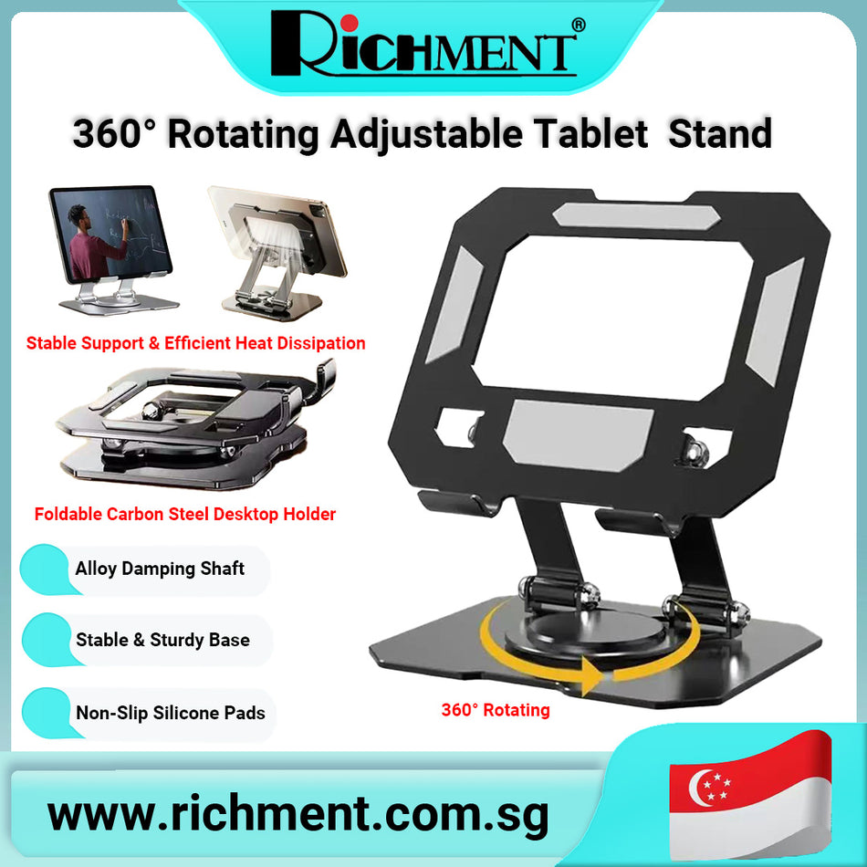 【✅SG Brand🔥】RICHMENT 360° Rotating Adjustable Tablet Stand with Heat-Dissipation Hollow Design and Stable Support Base, Foldable Carbon Steel Holder for iPad & Tablets 4–13 Inch, Dual-Axis Rotation, Alloy Damping Shaft, Non-Slip Silicone Pads