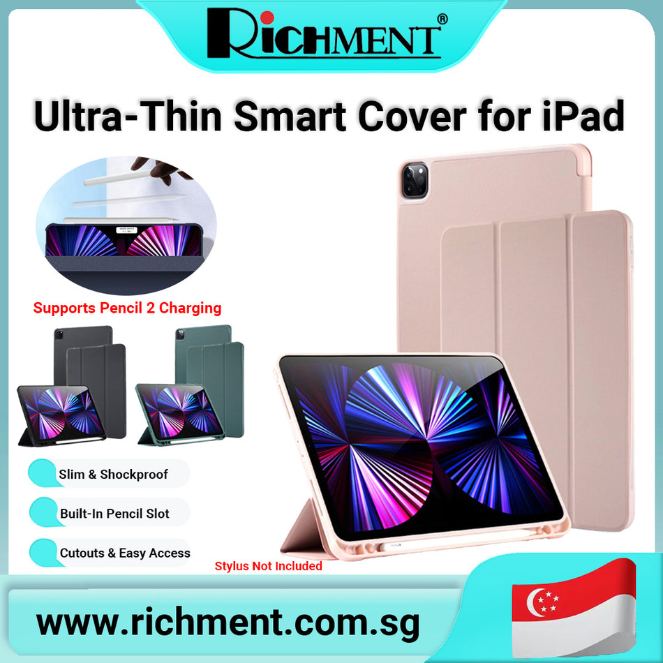 【✅SG Brand🔥】RICHMENT Ultra-Thin Smart Cover for iPad Pro/Air 13/11 (2024), iPad 10.9/10.2, iPad Mini 4–7, iPad 12.9 – Trifold Stand Case with Auto Wake/Sleep, Pencil Slot, Shockproof Full Protection | Supports 2nd Gen Pencil Charging – Pencil Not Included