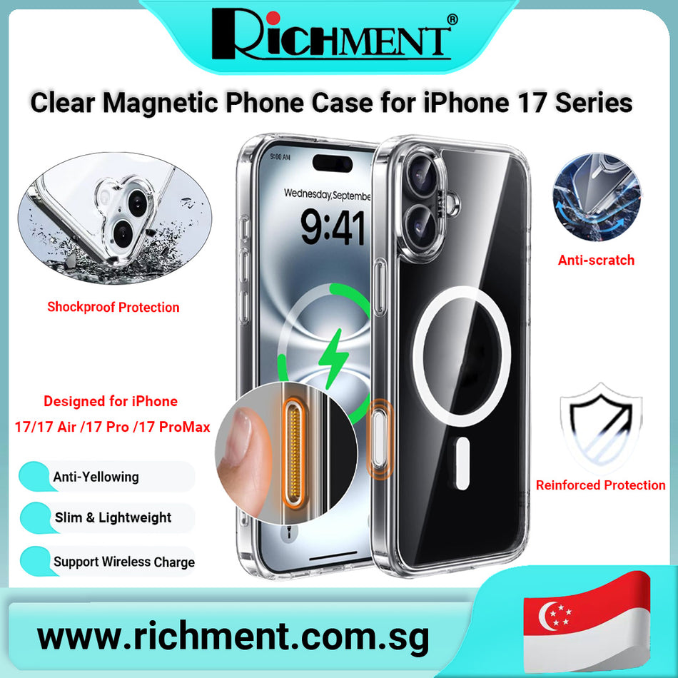 【✅SG Brand🔥】RICHMENT Magnetic Clear Case for iPhone 17 / 17 Air / 17 Pro / 17 Pro Max – Anti-Yellow Transparent Shockproof Cover with Airbag Corners, Strong Magnetic Wireless Charging Compatible, Scratch Resistant Slim TPU Protective Case