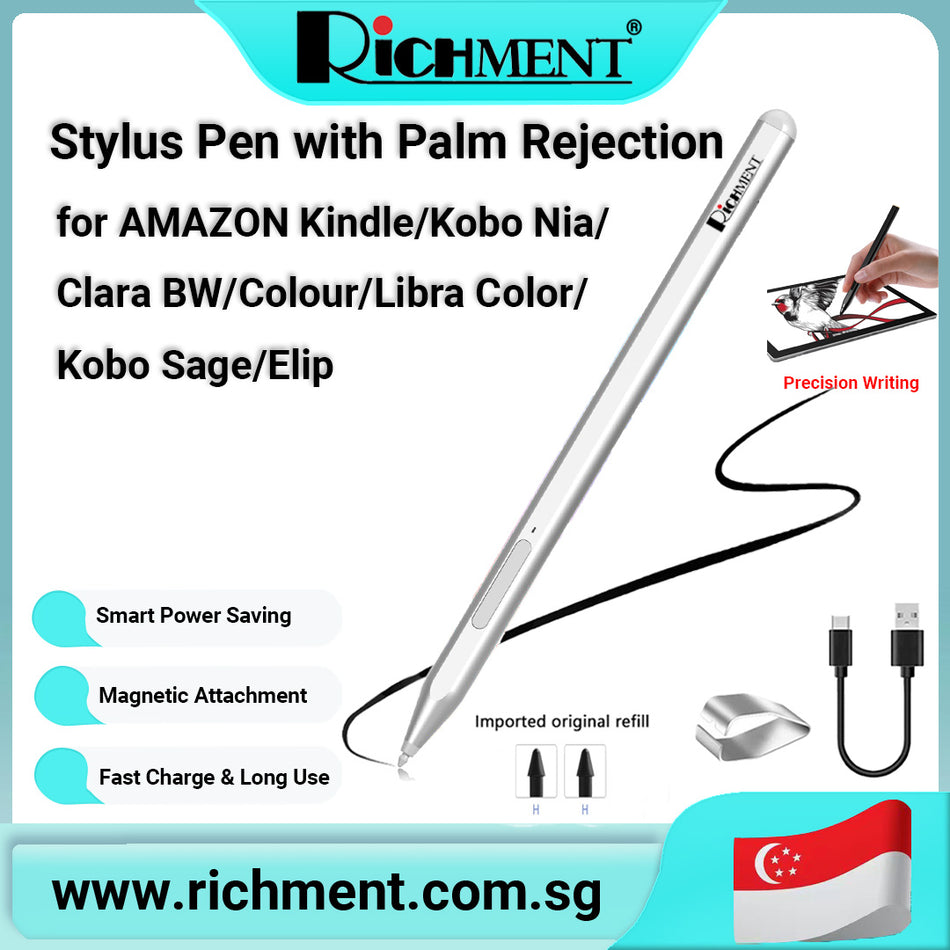 【✅SG Brand🔥】RICHMENT Stylus Pen for Amazon Kindle / Kobo Nia / Clara BW & Colour / Libra Color / Kobo Sage / Elip Series, Rechargeable Digital Pencil with Palm Rejection, 4096 Pressure Sensitivity, Tilt Function, Magnetic Attach