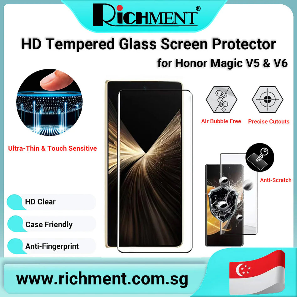 【✅SG Brand🔥】RICHMENT Tempered Glass Screen Protector for HONOR Magic V5/V6 – 9H Hardness, HD Clear, Anti-Fingerprint, Full Coverage, Anti-Scratch, Case Friendly, Bubble-Free